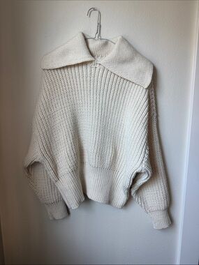 H&M Cream Oversized Chunky Knit Sweater with Folded Collar